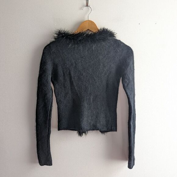 Vintage Betsey Johnson black angora rabbit hair feather trim cardigan sweater - Picture 5 of 5